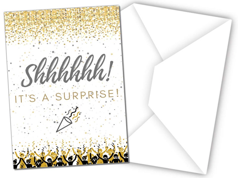 Elcer Surprise Party invitations | Itâ€™s a surprise Birthday | Kids and Adults | Fill In Style | Black and Gold | Confetti Streamers Party Invitations | 20 Count With Envelopes - Image 5
